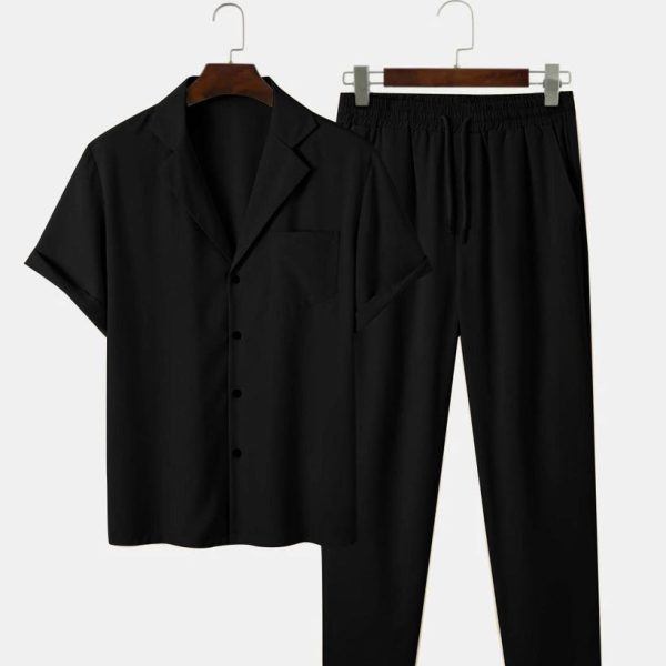 Men Two Piece Outfit Casual Basic Short Sleeved Button Up Shirt & Straight Leg Pant In Black
