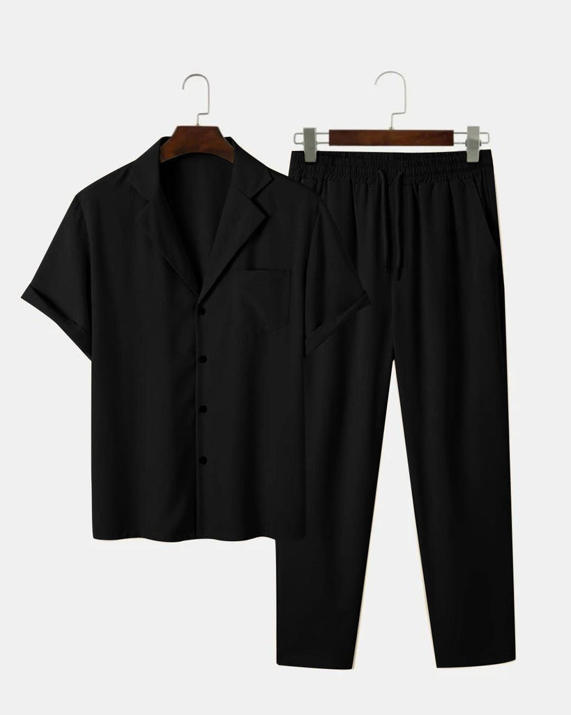 28baf7750f7b501edf2e6529d627c08f_1024x1024.jpg Men Two Piece Outfit Casual Basic Short Sleeved Button Up Shirt & Straight Leg Pant In Black - Image 1
