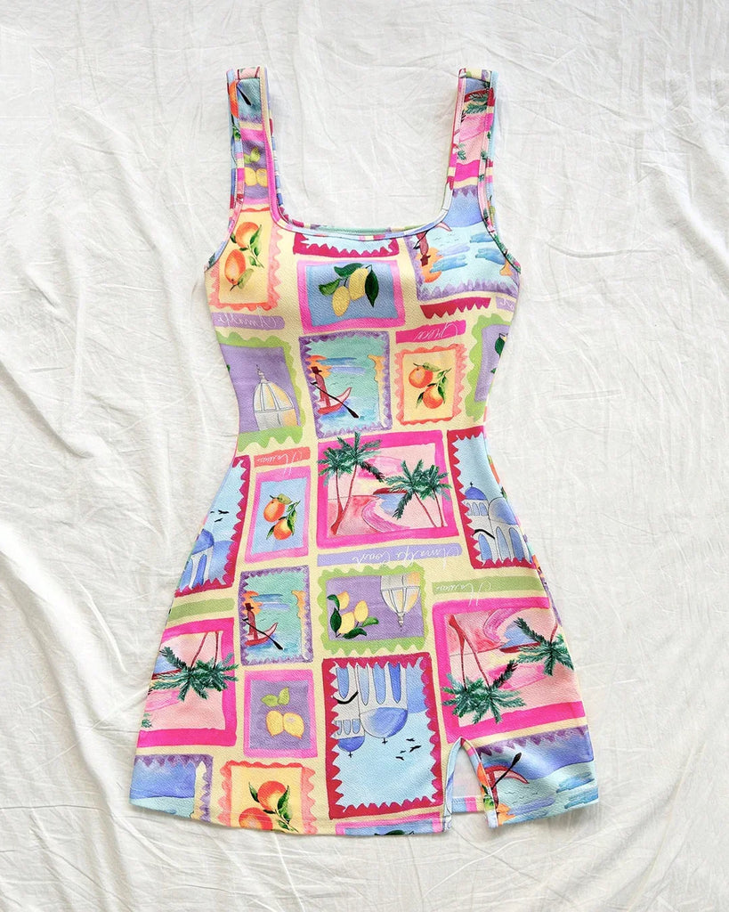 2c8bc40e0ee15688b8777b53c96bad6a_1024x1024.jpg Y2K Travel Print Scoop Neck Mini Dress - Image 1