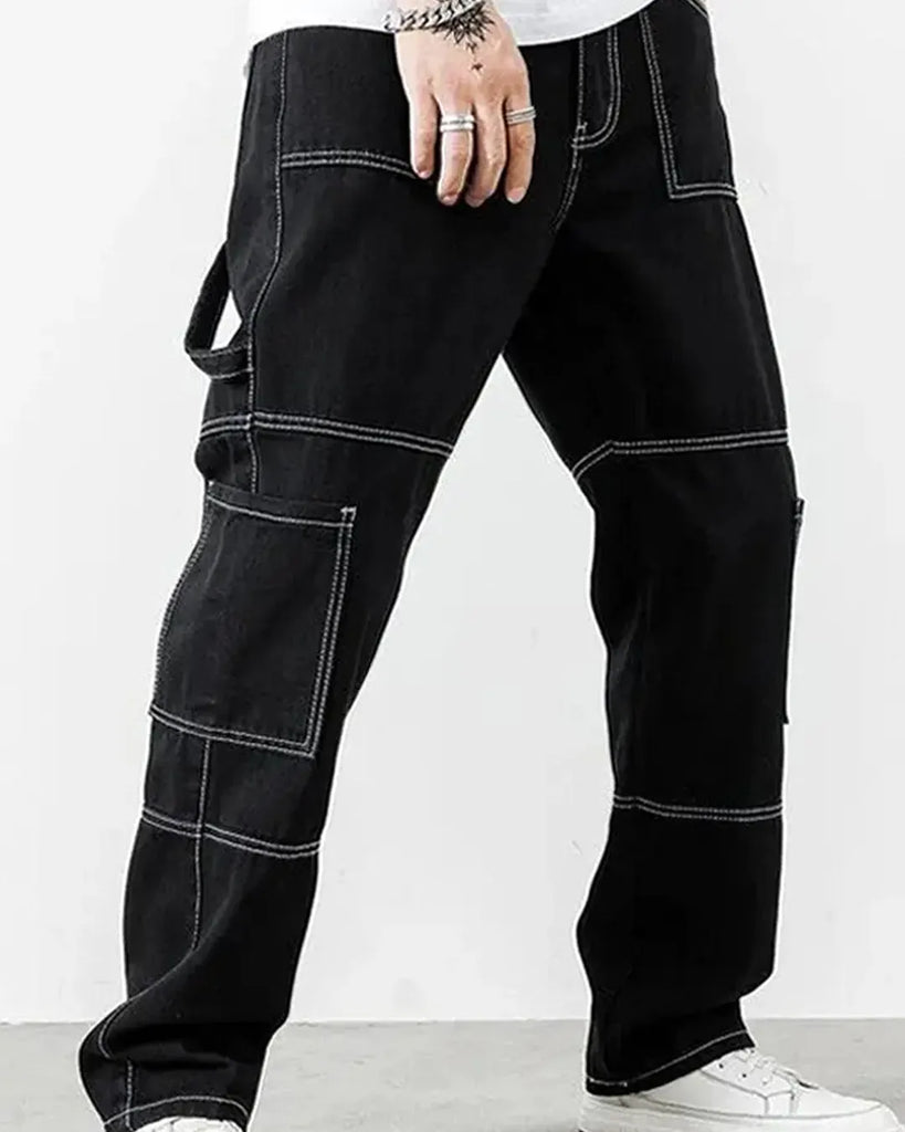 2ec7f38aa621aeb0d024abd008dcd63a_1024x1024.jpg Men Contrast Stich Multiple Pockets Baggy Cargo In Black - Image 1