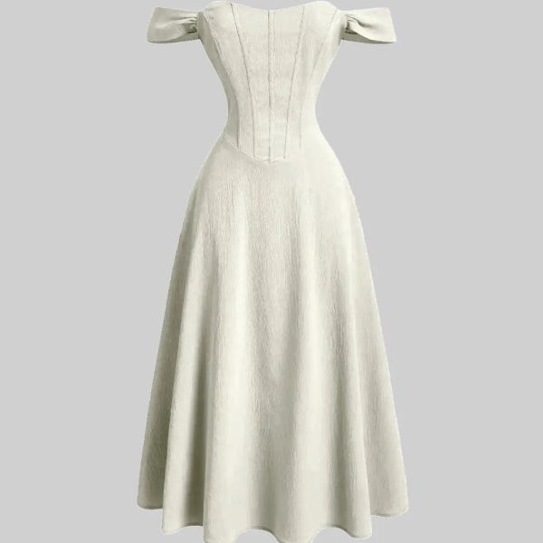Cream Faux Fishbone Design Romantic Off-Shoulder Dress