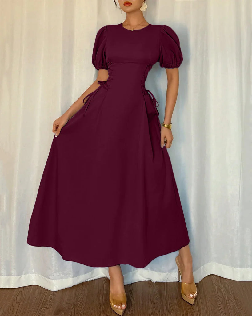 Burgundy_Puff_Sleeve_A-Line_Midi_Dress_1024x1024.jpg Burgundy Puff Sleeve A-Line Midi Dress - Image 1