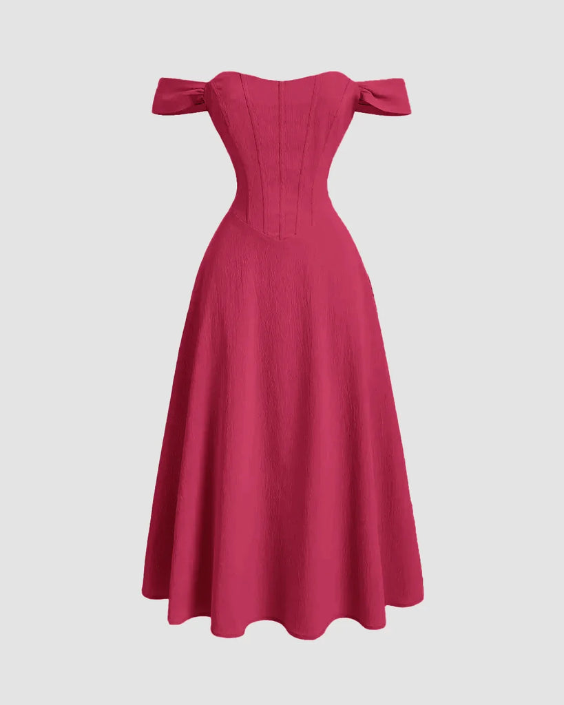 Hot_Pink_Faux_Fishbone_Design_Romantic_One-Shoulder_Dress_1024x1024.jpg Hot Pink Faux Fishbone Design Romantic One-Shoulder Dress - Image 1