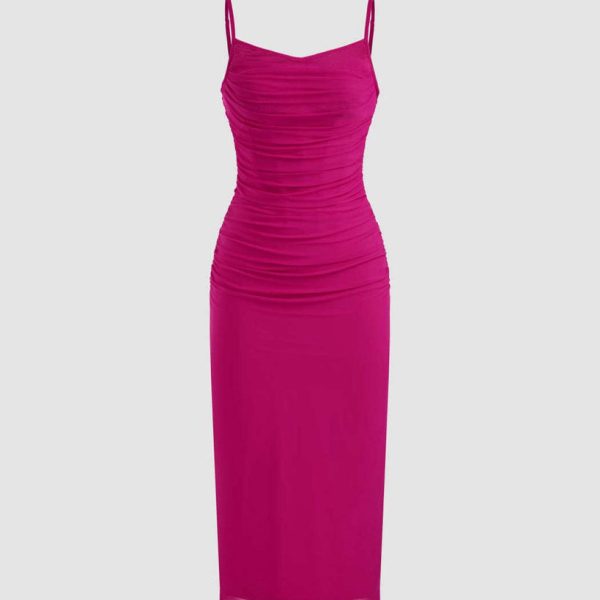 Mesh Solid Ruched Hot Pink Midi Dress
