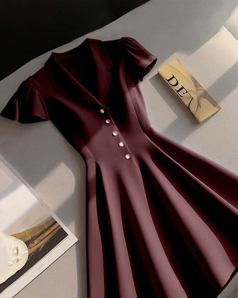 Notch_Collar_Buttoned_Fit_Flare_Mini_Dress_in_Chocolate_1024x1024.jpg Notch Collar Buttoned Fit & Flare Mini Dress in Chocolate - Image 1