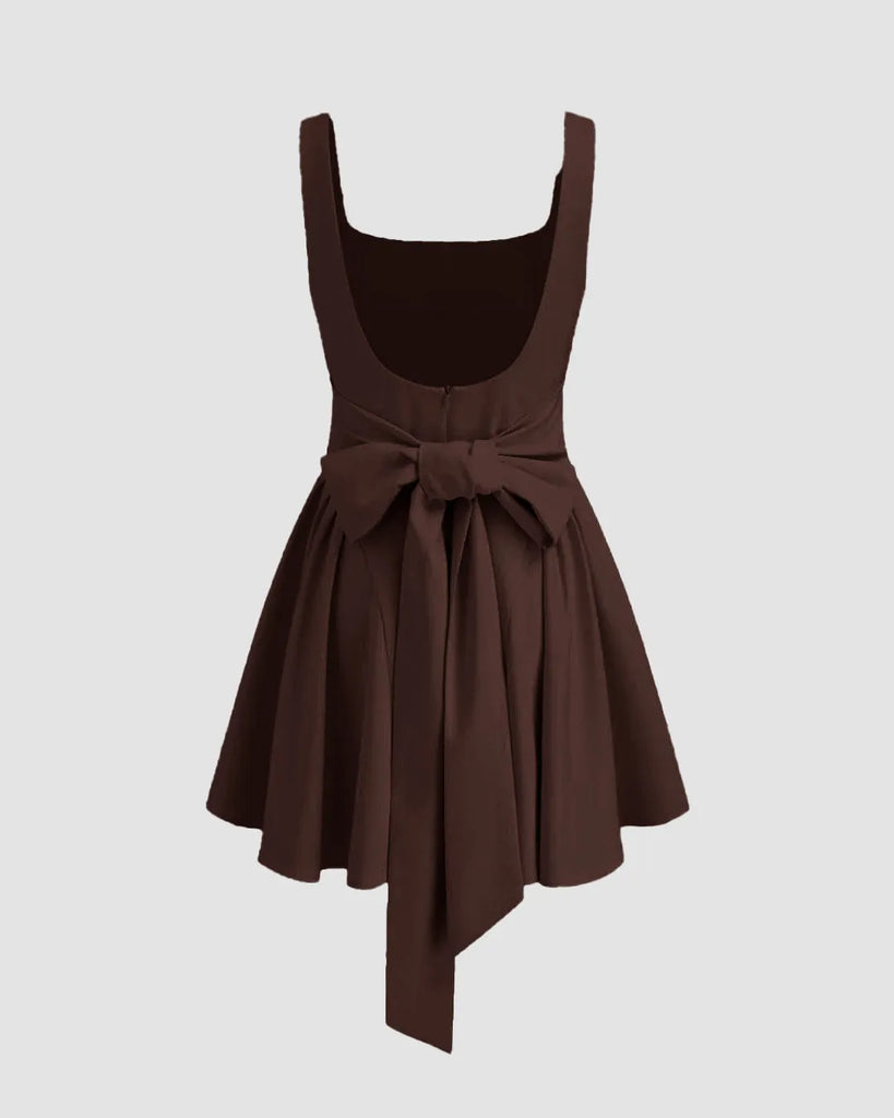 Square Neck Solid Ruffle Pleated Knotted Mini Dress In Dark Brown - Image 1