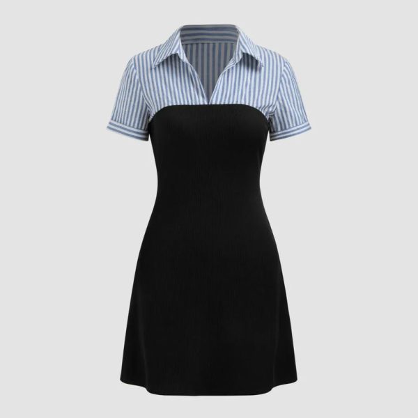 Striped Blue Shirt Collar Contrast Black Mini Dress