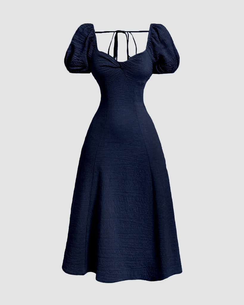 d37c974e1de28ba696f2245768f32f27_1024x1024.jpg Summer Elegant Solid Color Puff Sleeve Cinch Waist Dress In Navy Blue - Image 1