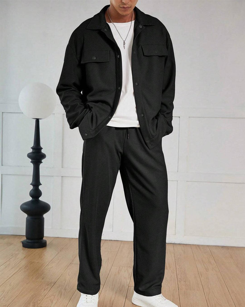 ddf071cae6133ea7424d1335667e3b81_1024x1024.jpg Men Waffle Texture Jacquard Shirt Set In Black - Image 1