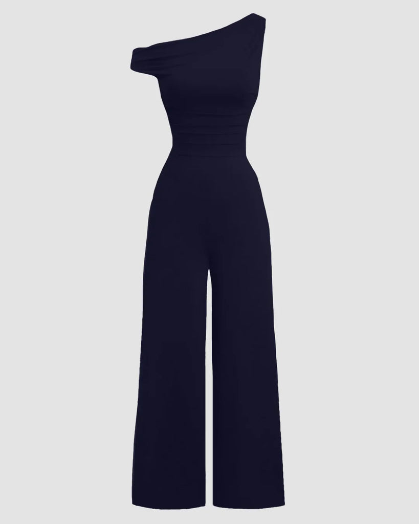 edb7b7f57f6ea448757c765076eb5456_1024x1024.jpg One-Shoulder Ruched Waist Wide Leg Jumpsuit in Dark Navy Blue - Image 1