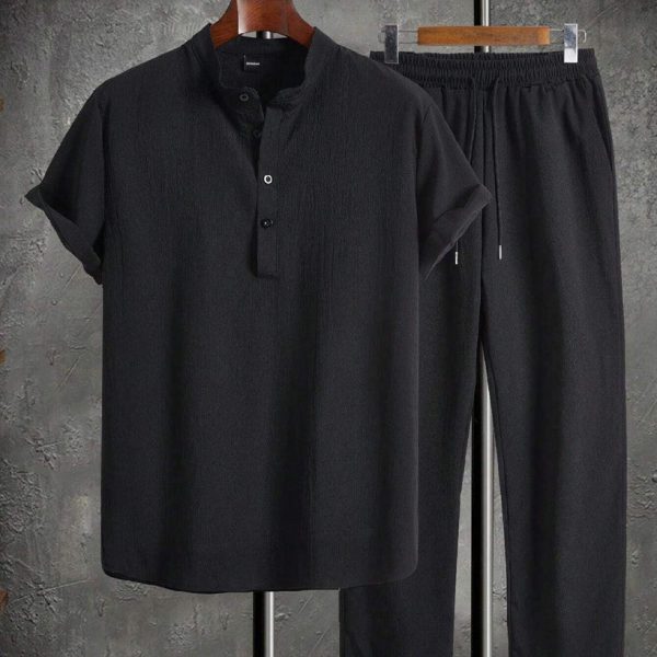 Men Solid Color Half-Button Short Sleeve Shirt And Pocketed Long Pants Summer Casual Set